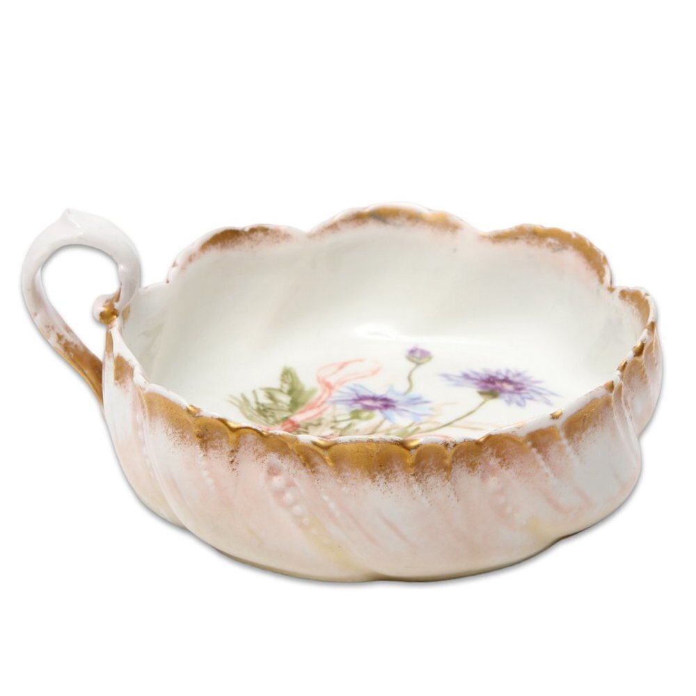 Antique A Lanternier Limoges France Porcelain Floral Gold Handle Soup Bowl 6"